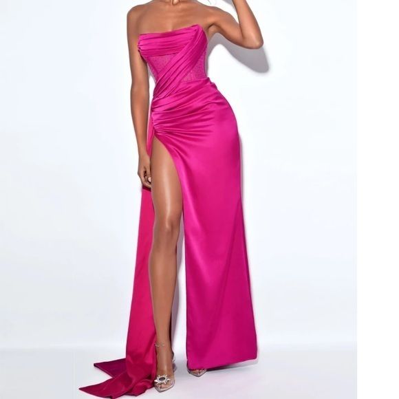 As Seen Satin Pink ( Available In Other Colors) True To Fit Brand New Pink Satin Strapless Dress For Gala, Pink Maxi Length Strapless Dress For Night Out, Pink Strapless Maxi Dress For Night Out, Pink Satin Evening Dress For Night Out, Pink Sheath Party Maxi Dress, Pink Sheath Maxi Dress For Party, Pink Satin Maxi Dress For Night Out, Pink Dresses With Side Slits For Gala, Pink Gala Dress With Side Slits