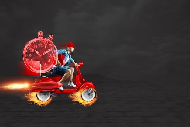 a man riding on the back of a red scooter with an alarm clock