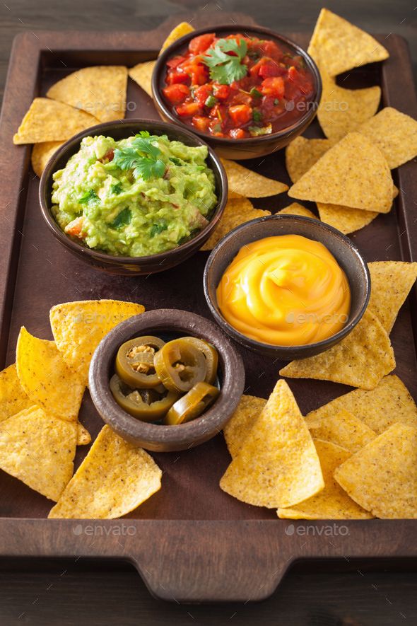 guacamole, tortilla chips and salsa - stock photo - images