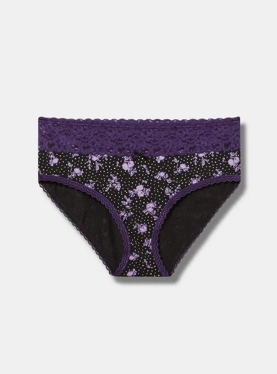 FIT Mid rise. Medium coverage. MATERIALS + CARE Cotton-blend knit fabric. 95% cotton, 5% spandex. Machine wash cold. Dry flat. Imported. DETAILS Scalloped wide lace waistband. Dotted floral print. The best plus size women's cotton mid-rise hipster panty panties in link floral rich black made of cottonspan. Rock your look from Torrid to Festivals like Coachella and Lollapalooza, a concert, a show, or just for fun! Cotton Bottoms With Wide Waistband, Short Length, Cotton Bottoms With Wide Waistband, Cotton Briefs With Wide Waistband, Cotton Bottoms With Wide Waistband For Loungewear, Cotton Bottoms With Wide Waistband And Relaxed Fit, Cotton Bottoms With Wide Waistband In Relaxed Fit, Stretch Cotton Bottoms With Comfort Waistband, Cotton Loungewear Bottoms With Waistband, Cotton Brief Bottoms For Daywear