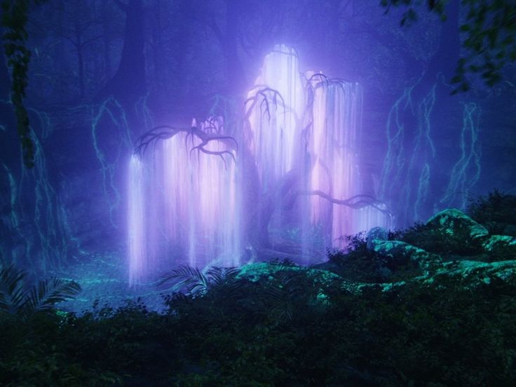 an image of a waterfall in the dark forest at night with purple light coming from it