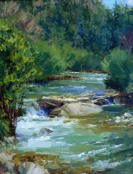 a painting of a river with rocks and trees