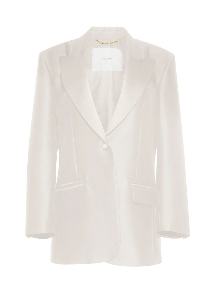 An oversized tuxedo jacket cut from the finest Italian silk wool. Fully lined in silk with AFL logo embroidery on hidden interior pocket. Punctuated with a single covered button at the center-front and a duchess satin collar. Available exclusively at adamlippes.com and at our New York City flagship boutique. Styled with the Deeda Pant in Silk Wool and the Blouse with Pearls in Silk Charmeuse Style Number: S24801RW Made in New York City Size & FitModel's Height: 5'10"Model is wearing size S Measu Blouse With Pearls, Adam Lippes, Duchess Satin, Yoko London, Versace Outfit, Tuxedo Jacket, Silk Charmeuse, Silk Wool, Spring 2024