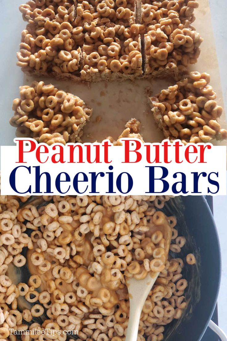 peanut butter cheerio bars in a skillet with the words, peanut butter cheerio bars