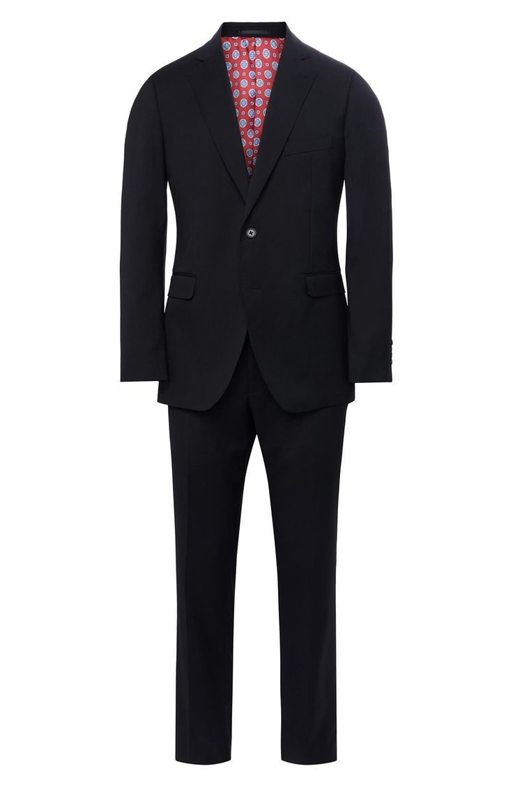 Whether it's an office occasion or a special event, this dapper suit with a classic design can do it all. 31" jacket length (40R); 31" inseam; 15 1/2" leg opening; 10" front rise (size 34) Jacket has notched lapels; four-button cuffs; chest pocket; flap pockets; interior pockets; side vents Trousers have zip fly with hook-and-bar closure; slant pockets; back button-welt pockets Unhemmed Jacket is lined; trousers are lined to the knee Polyester/rayon blend with 2% spandex
 Dry clean Imported Classic Slim Fit Suit With Notch Lapel, Single-breasted Fitted Business Suits, Classic Fitted Suits With Suit Collar, Fitted Business Suits With Hidden Button Closure, Fitted Suits With Hidden Button Closure For Business, Fitted Suit With Hidden Button Closure For Business, Classic Suits With Welt Pockets For Business, Tailored Black Suits With Flat Front, Formal Custom Fit Flat Front Suit