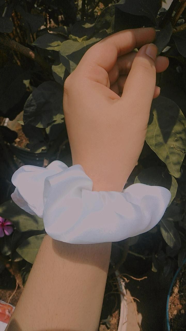 Buy this beautiful scrunchie in affordable price. Hand Aesthetic, Basic Aesthetic, White Scrunchie, Let Your Hair Down, Emoji Wallpaper, Down Hairstyles, Friends Quotes, Scrunchies, Satin