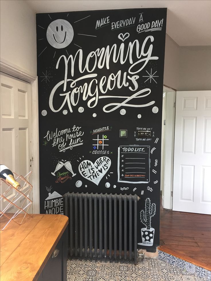 there is a chalkboard on the wall with writing all over it that says morning gorgeous