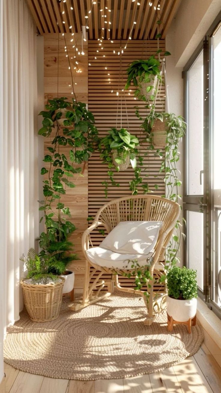 an indoor balcony with plants and wicker furniture on the floor, along with wooden slatted walls