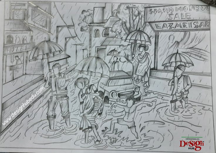 a drawing of people walking in the rain