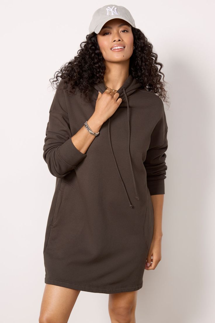 Elevate your weekend look with the Etta Sweatshirt Dress from Velvet. Crafted in a soft cotton fleece, this easy dress features an adjustable hoodie, side pockets, and a relaxed silhouette. You'll love it paired with your favorite sneakers and baseball hat. | VELVET Women's Etta Sweatshirt Dress, Size Large, Brown Hoodie Dress Outfit With Sneakers, Hoodie Dress Outfit, Sweatshirt Dress Outfit, Easy Dress, Velvet Clothes, Holiday Party Dresses, Fashion 101, Fall Shopping, Dress Outfit