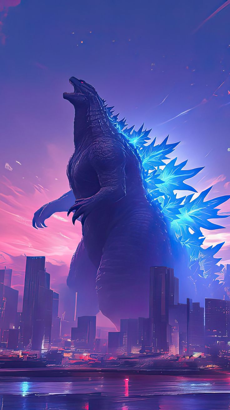 a large godzilla standing on top of a body of water in front of a city