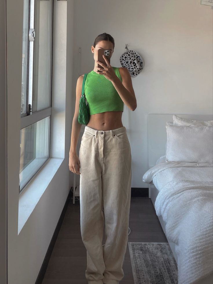 Green Top Beige Pants Outfit, Corduroy Pants Outfit Summer, Green Bag Outfit Summer, Green Top Outfit Aesthetic, Beige Corduroy Pants Outfit, Green Corduroy Pants Outfit, Green Crop Top Outfit, Green Purse Outfit, Green Bag Outfit