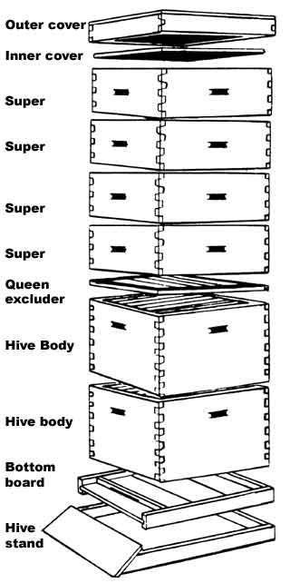 the parts of a beehive are labeled in black and white, with text below