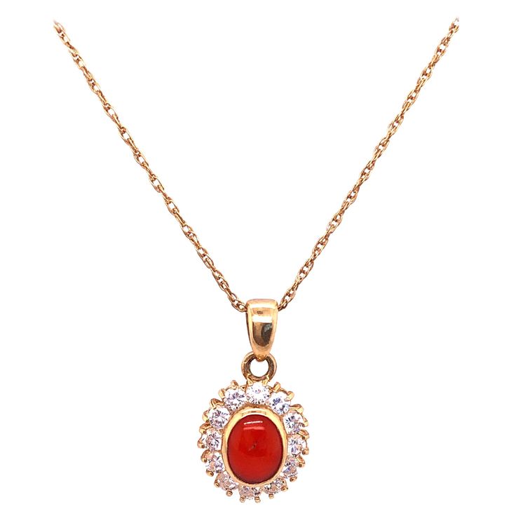 14 Kt Yellow Gold 18 inch Necklace with Oval Coral and Round Zirconium Pendant 3.78 grams total weight Victorian Pendant Necklace, Emerald Necklace Pendant, Victorian Pendants, Coral Pendant, Yellow Gold Necklace, Heart Pendant Gold, White Gold Chains, Emerald Pendant, Yellow Gold Pendants