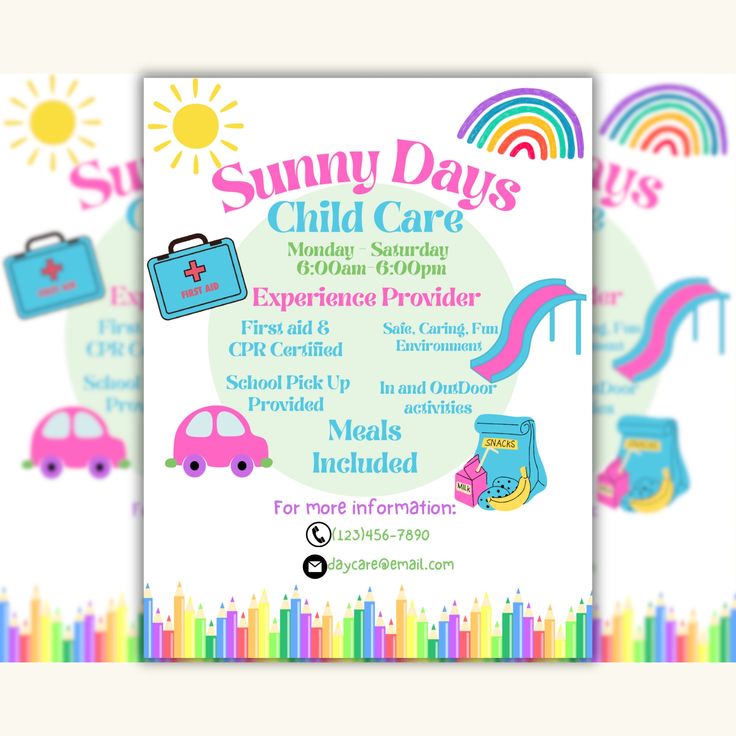 an advertisement for the sunny days child care program, with colorful lines and rainbows in the background