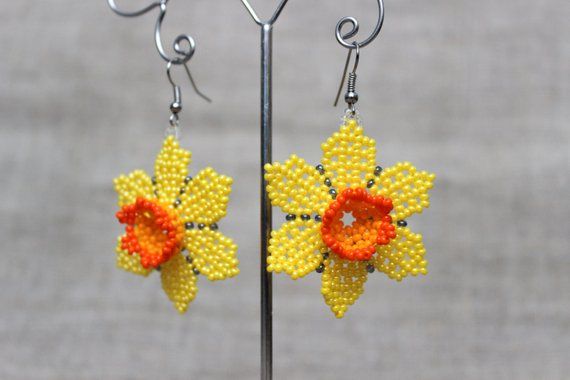 Huichol Earrings Beaded Multicolor Mexican Folk Art Flower Yellow Beaded Earrings For Spring, Handmade Beaded Earrings For Spring, Handmade Spring Beaded Earrings With Round Beads, Handmade Round Beaded Earrings For Spring, Handmade Yellow Beaded Earrings For Spring, Spring Yellow Beaded Earrings, Spring Flower Beaded Earrings, Unique Beaded Flower Earrings, Yellow Flower Earrings With Colorful Beads For Gift