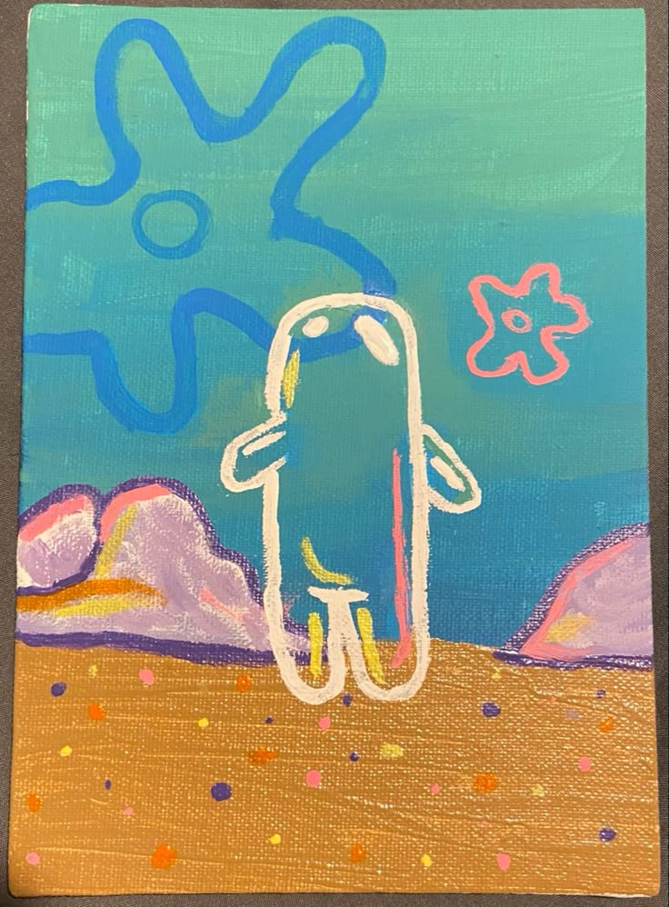 an abstract painting of a person holding a cell phone in front of a blue sky