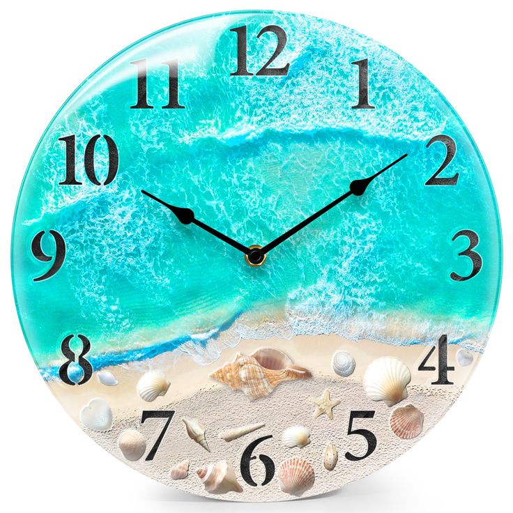 a clock with sea shells on the beach and waves crashing in front of it's face