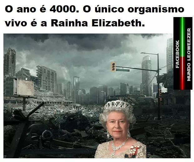 an image of queen elizabeth in the middle of a destroyed city with text that reads, year 400 the only still living organ is queen elizabeth