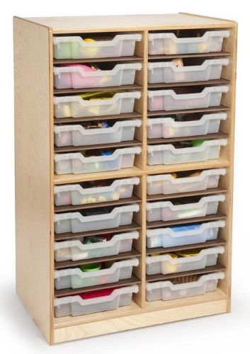 a wooden storage cabinet filled with lots of plastic containers and bins on top of it