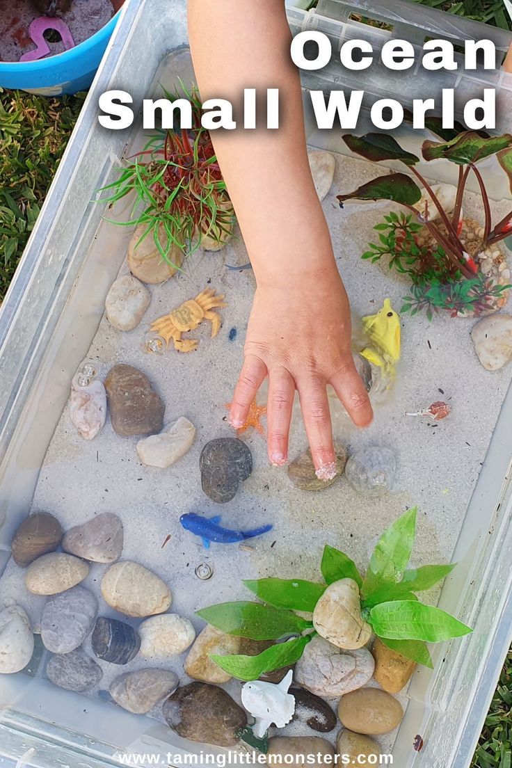 a child's hand reaching for small rocks in a container filled with sand and water