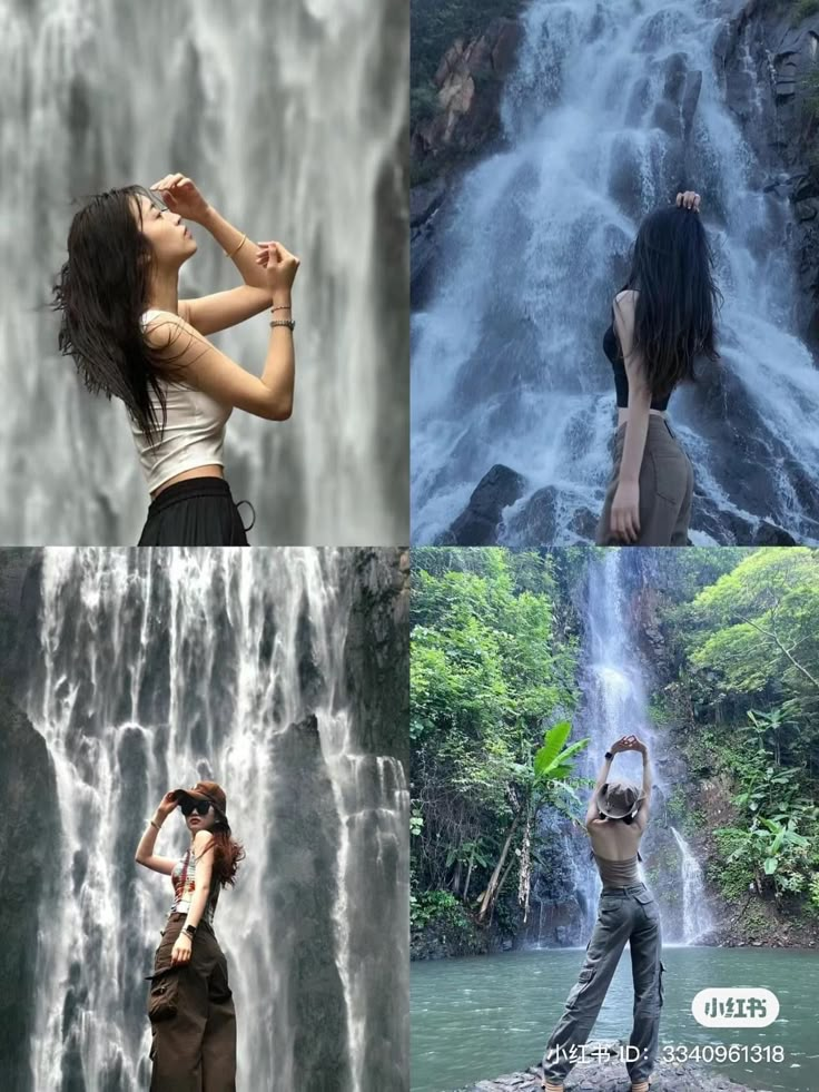 four different pictures of women standing in front of a waterfall