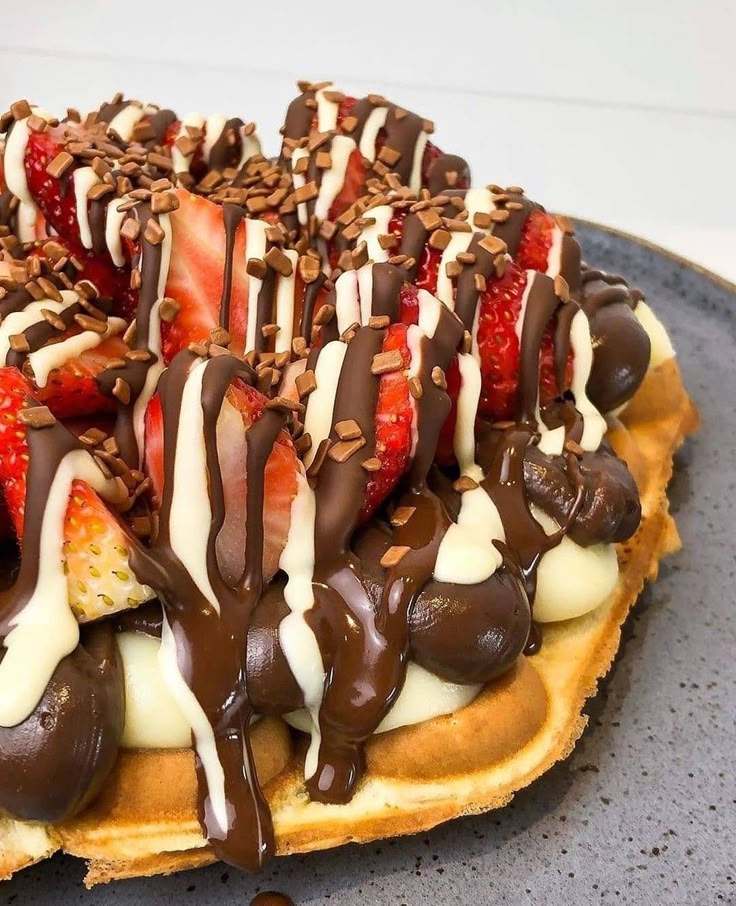 a waffle topped with chocolate and strawberries on top of a blue platter