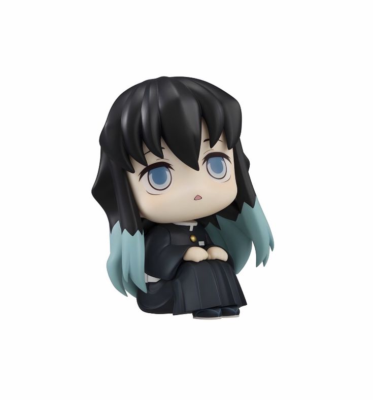 an anime character figurine with black hair and blue eyes, holding her arms crossed