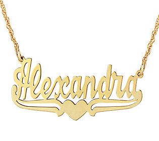 Name acclaim. The thrill of seeing your name in lights is nothing compared to seeing it in 14K gold. Underlined by a heart-centered swirl, your name makes a lovely statement.  Once this item is added to your Shopping Cart, you will be prompted to enter up to 10 letters for personalization. Gold Jewelry With Names For Formal Occasions, Gold Formal Jewelry With Names, Formal Gold Jewelry With Names, Elegant Heart-shaped Jewelry With Names, Elegant Heart-shaped Name Jewelry, Elegant Yellow Gold Jewelry With Names, Name In Lights, Celebrity Necklace, Nameplate Necklace Gold