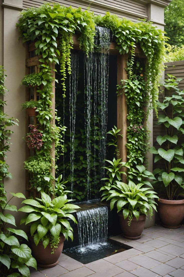 an outdoor water fountain surrounded by potted plants and greenery on the side of a building