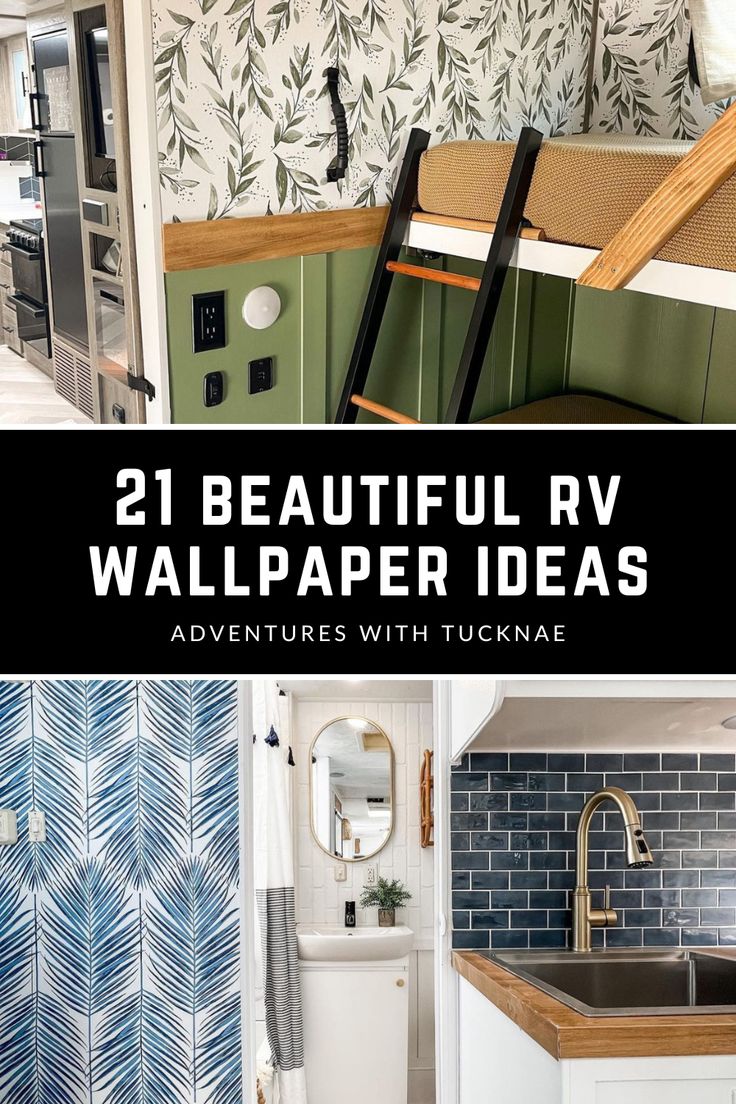 21 Beautiful RV Wallpaper Ideas Earth Tone Camper Remodel, Caravan Wall Ideas, Wallpaper In Rv Accent Walls, Camper Makeover Wallpaper, Gray And White Rv Interior, Wallpaper Rv Interior, Travel Trailer Interior Ideas, Camper Accent Wall, Painting Inside Rv Color Schemes