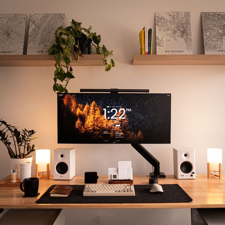 a desk with a monitor and speakers on it