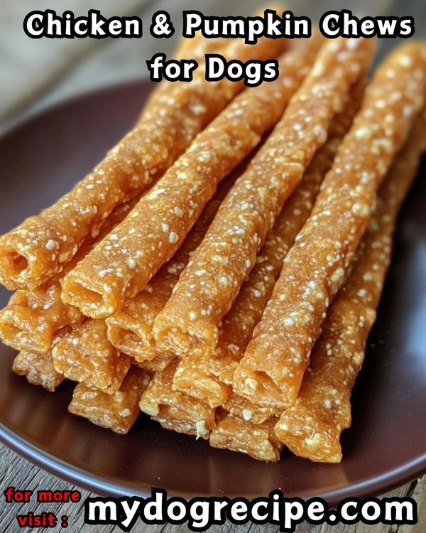 chicken and pumpkin chews for dogs on a plate with text overlay that reads, chicken and pumpkin chews for dogs