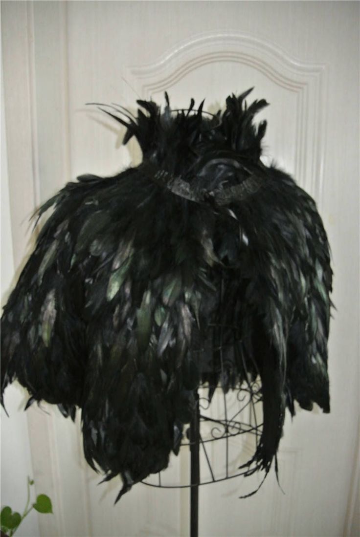 an ostrich feather cape on a stand in front of a door