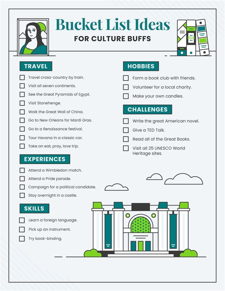 the bucket list for culture buffs is shown in green and white with blue trim