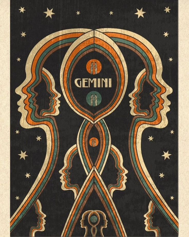 an art nouveau poster with the word genni on it's face and two faces in