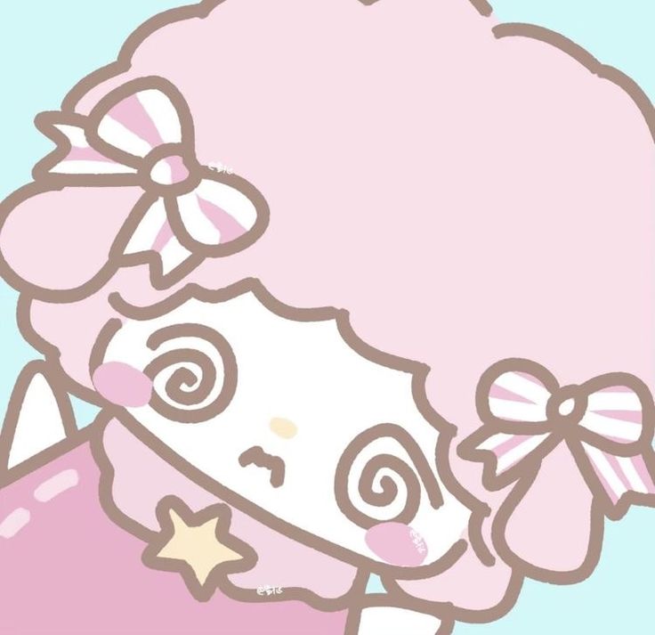 a drawing of a girl with pink hair and bows on her head, holding a star