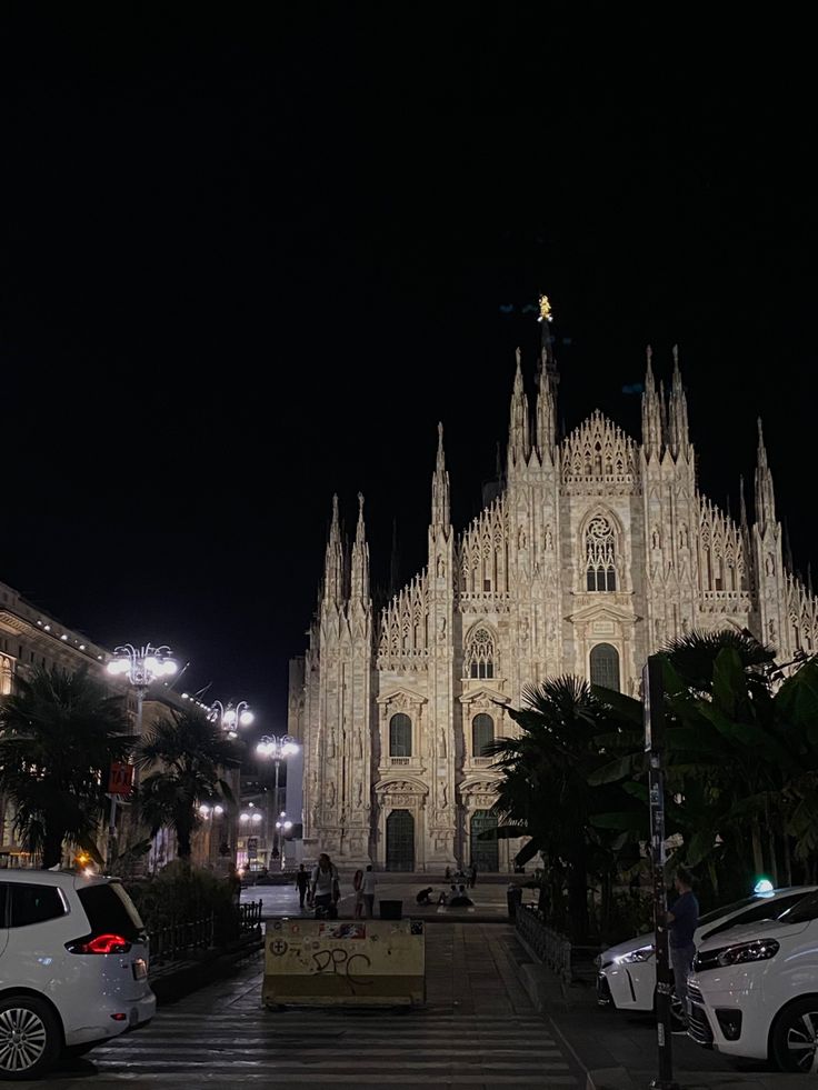 cars parked in front of a large cathedral at night