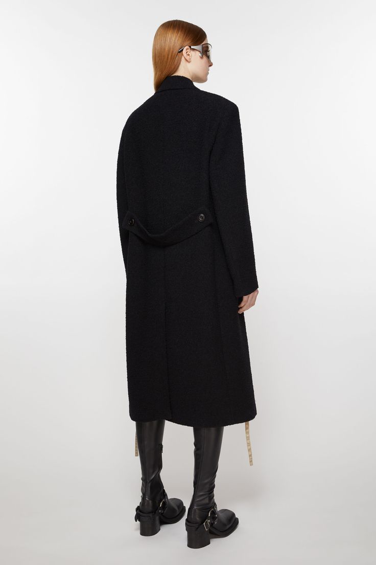 Acne Studios black double-breasted coat is crafted from a wool blend with a chest welt pocket and two front flap pockets. Cut to an exaggerated fit with shoulder pads and a mid-calf length. FN-WN-OUTW000847 Luxury Black Wool Coat With Double-breasted Button, Black Double-breasted Wool Coat With Concealed Placket, Black Double-breasted Wool Coat, Black Long Wool Coat With Concealed Fastening, Black Wool Long Coat With Concealed Front, Modern Black Wool Coat With Double Button Closure, Black Wool Coat With Concealed Placket, Black Wool Coat With Concealed Fastening, Black Long Wool Coat With Double Button Closure