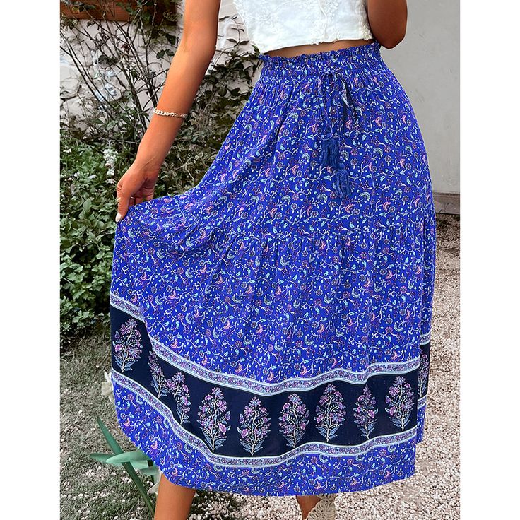 Blue Bohemia Print Lace-up Boho Skirt Bohemian Blue Maxi Skirt For Beach, Blue Floral Print Bottoms For Festival, Blue Flowy Maxi Skirt For Festivals, Festival Blue Lined Maxi Skirt, Blue Floral Print Maxi Skirt For The Beach, Blue Bohemian Long Skirt, Bohemian Skirted Bottoms In Blue, Bohemian Blue Skirted Bottoms, Blue Maxi Skirt For Festivals