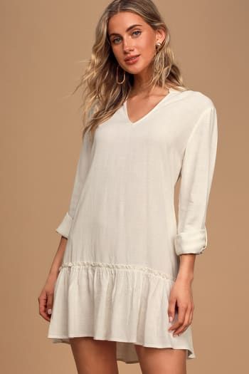 Dresses for Women | Best Women's Dresses Online Summer V-neck Long Sleeve Dress For Daywear, Chic V-neck Tunic For Spring, Fitted Long Sleeve V-neck Dress For Daywear, Casual V-neck Tunic For Brunch, Casual White V-neck Dress For Fall, Cotton V-neck Shirt Dress For Fall, Casual V-neck Shirt Dress For Fall, Fitted Long Sleeve Casual Dress For Day Out, Fitted Casual Long Sleeve Dress For Day Out