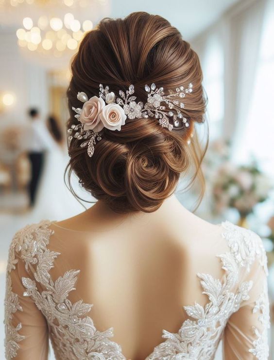 the back of a woman's head wearing a bridal hair comb with flowers on it