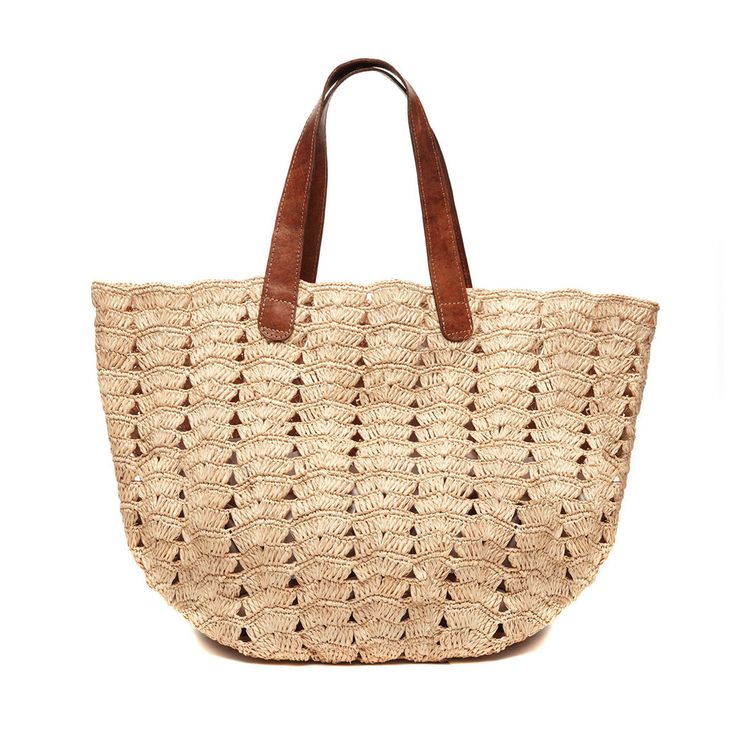 Casual Crochet Basket Bag For Travel, Casual Vacation Crochet Bag With Braided Handles, Casual Crochet Bag With Braided Handles For Vacation, Spring Summer Woven Leather Beach Bag, Summer Beach Bag With Woven Leather For Spring, Summer Beach Bag In Woven Leather, Casual Beach Season Crochet Basket Bag, Casual Crochet Straw Bag With Leather Handles, Crochet Tote Bag With Woven Leather