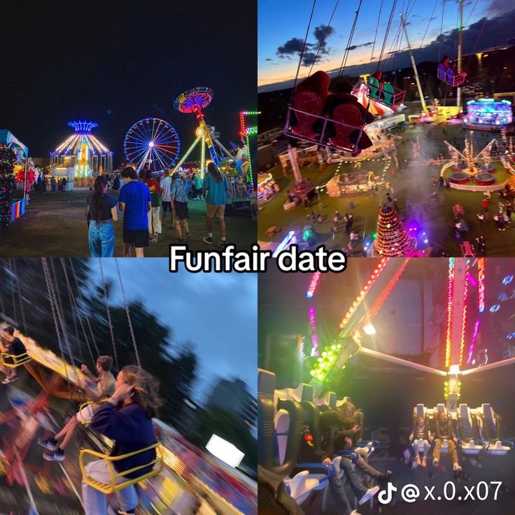 people are riding on rides at an amusement park, and the fairground is lit up with colorful lights