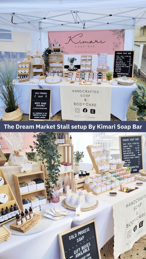 the display table is full of soaps and handmade items for sale at the market