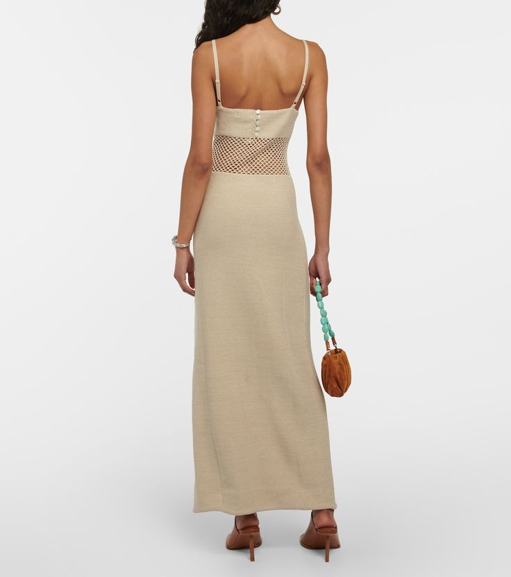 Knitted cotton-blend maxi dress in beige - Staud | Mytheresa Fitted Lace Trim Maxi Sundress, Fitted Crochet Maxi Dress With Crochet Trim, Fitted Maxi Sundress With Lace Trim, Elegant Fitted Maxi Dress With Crochet Trim, Fitted Maxi Dress With Crochet Trim, Fitted Midi Dress With Crochet Trim, Staud Fitted Maxi Dress, Chic Maxi Dress With Crochet Trim, Fitted Crochet Maxi Sundress