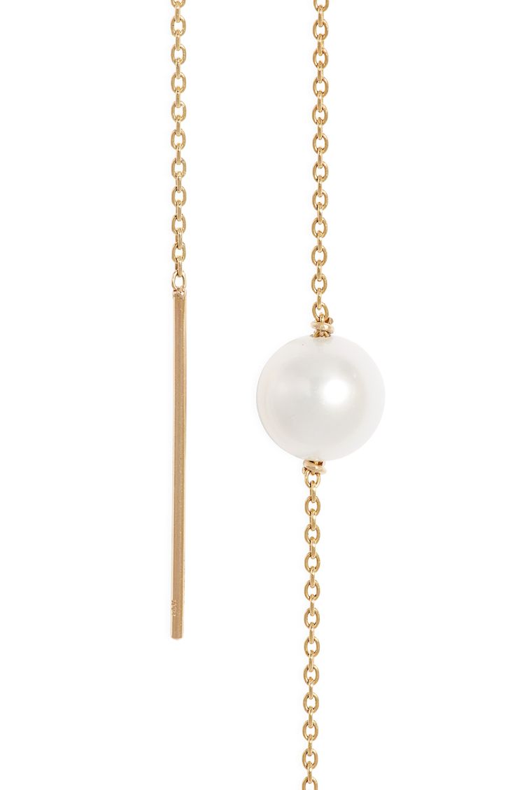 Slender bar charms bookend the 14-karat gold chains of these elegant threader earrings punctuated with cultured pearls. 6" length Thread-through style Cultured pearl size: 7–7.5mm 14k gold/cultured pearl Made in Canada Asian Owned/Founded Elegant Dangle Threader Earrings With Cable Chain, Elegant 14k Gold Filled Long Drop Threader Earrings, Classic Dangle Threader Earrings, Classic Gold Threader Earrings With Pearl Drop, Elegant Threader Earrings With Long Drop And Adjustable Chain, Elegant Long Drop Threader Earrings With Adjustable Chain, Yellow Gold Threader Earrings With Pearl Drop, Yellow Gold Long Drop Threader Earrings With Pearl Drop, Elegant Dangle Jewelry With Cable Chain