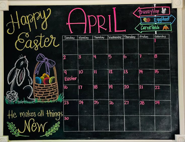 a chalk board with an easter calendar on it