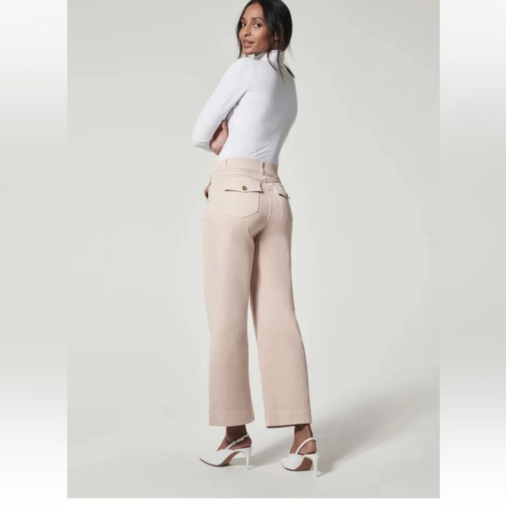 Questions? Leave A Comment Below! Mid-rise Bottoms For Spring Workwear, Mid-rise Spring Workwear Bottoms, Mid-rise Workwear Bottoms For Spring, Spring Workwear Mid-rise Bottoms, White Wide Leg Pants With Welt Pockets, Feminine Beige Wide Leg Bottoms, Chic Beige Mid-rise Wide Leg Pants, Chic Beige Wide Leg Mid-rise Pants, Tailored Bottoms With Welt Pockets