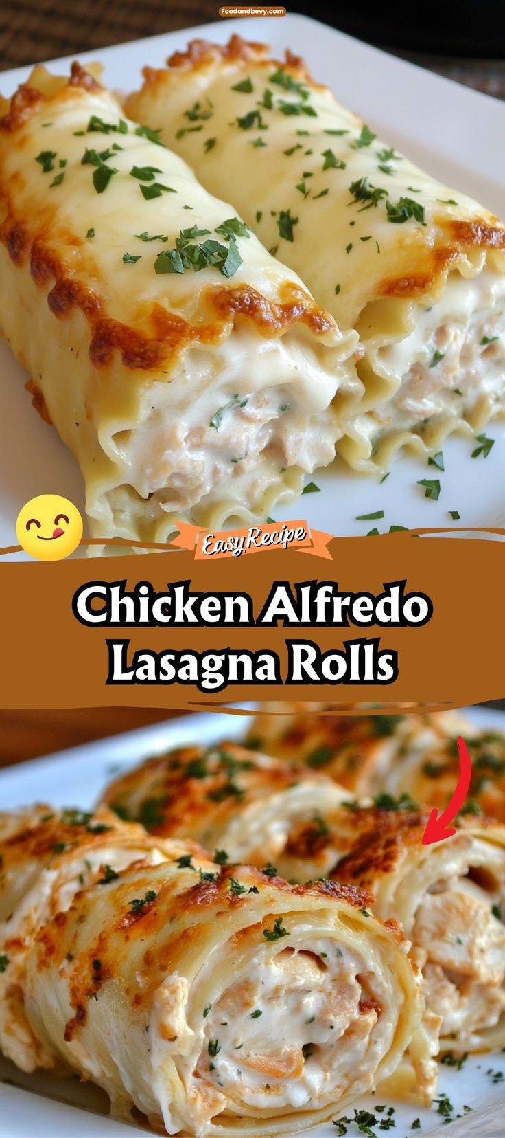 chicken alfredo lasagna rolls on a white plate